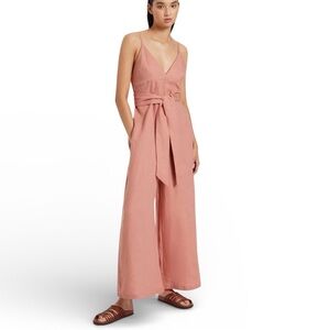 JETS Jetset V-Neck Wide-Leg Jumpsuit 100% Linen Sleeveless Belt Pink 10 NEW $263